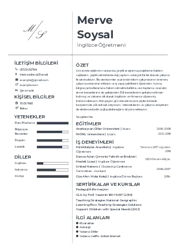 Yabancı Dil Öğretmeni Cv Örnekleri cv indir